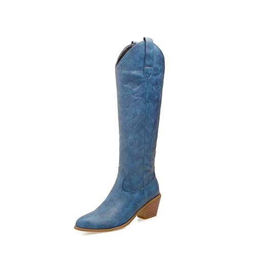 JMdfcqer Damen Kniehohe Stiefel Klassisch Stickerei Blockabsatz Westernreitstiefel,Blau,43 EU von JMdfcqer