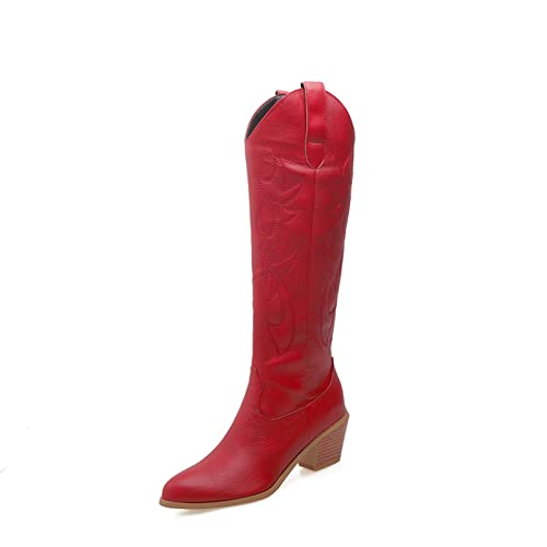 JMdfcqer Damen Kniehohe Stiefel Klassisch Stickerei Blockabsatz Westernreitstiefel,Rot,42 EU von JMdfcqer