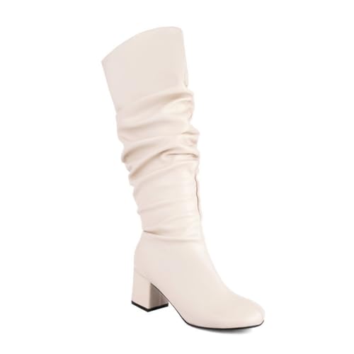 JMdfcqer Damen Kniehohe Stiefel mit Falten Runder Zehen Blockabsatz Klassische Langschaft Stiefel Winterschuhe,Beige,37 EU von JMdfcqer