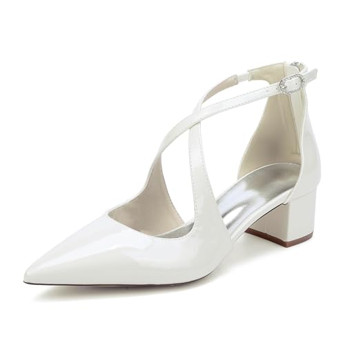 JMdfcqer Damen Kreuz Riemchen Spitzschuh Lackleder Hochzeitsschuhe 4.5CM Blockabsatz,Beige,40 EU von JMdfcqer