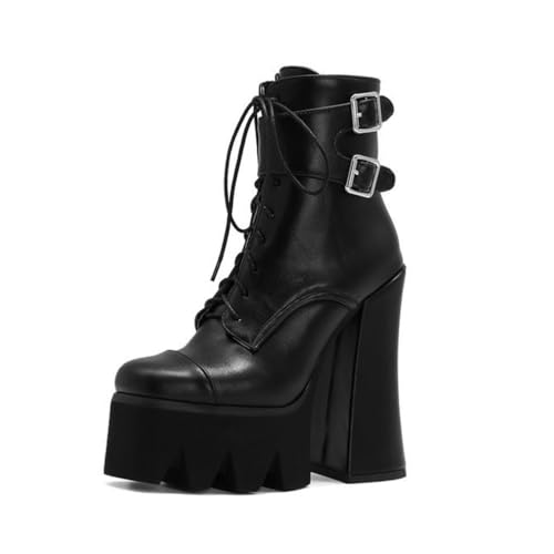 JMdfcqer Damen Kurzschaft Runder Zeh Plattform Stiefel Warm Gefütterte Winter Stiefeletten Mit Blockabsatz,Schwarz,41 EU von JMdfcqer