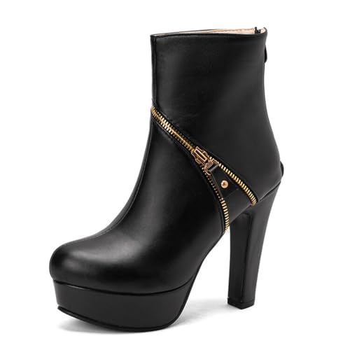JMdfcqer Damen Kurzschaft Stiefel Mode Absatzschuhe Runder Zeh Plateau Stiefel mit Reißverschluss,Schwarz,50 EU von JMdfcqer