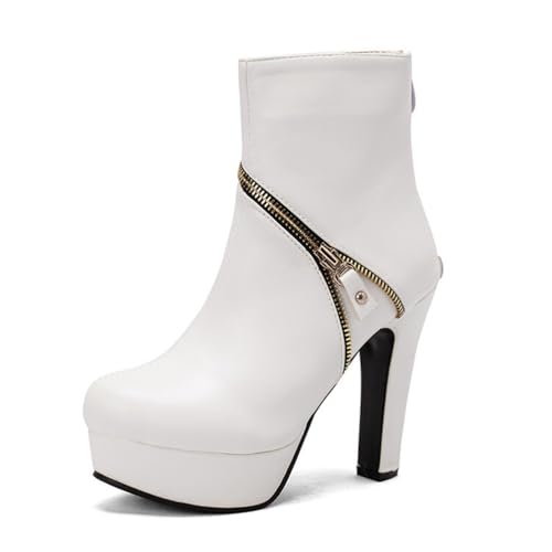 JMdfcqer Damen Kurzschaft Stiefel Mode Absatzschuhe Runder Zeh Plateau Stiefel mit Reißverschluss,Weiß,49 EU von JMdfcqer