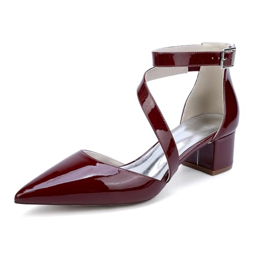JMdfcqer Damen Lackleder Hochzeitsschuhe Spitze Zehen Knöchelriemen Spangenpumps mit Blockabsatz 4.5 cm,Burgundy,43 EU von JMdfcqer