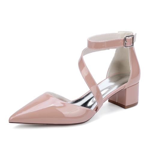 JMdfcqer Damen Lackleder Hochzeitsschuhe Spitze Zehen Knöchelriemen Spangenpumps mit Blockabsatz 4.5 cm,Rosa,38 EU von JMdfcqer