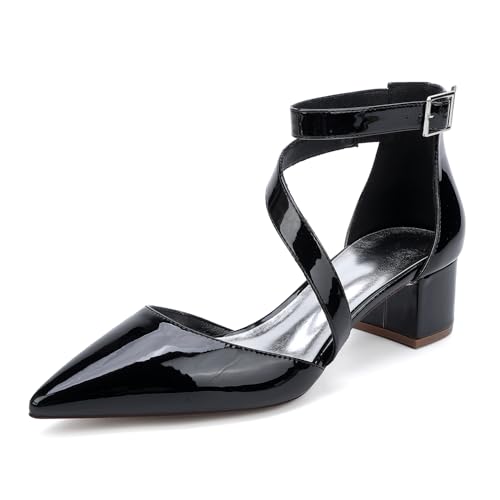 JMdfcqer Damen Lackleder Hochzeitsschuhe Spitze Zehen Knöchelriemen Spangenpumps mit Blockabsatz 4.5 cm,Schwarz,41 EU von JMdfcqer