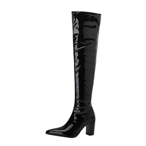 JMdfcqer Damen Lackstiefel Overknee Stiefel Spitzschuh Absatzschuhe Reißverschluss Wasserdicht Lange Schlauchstiefel,Schwarz,45 EU von JMdfcqer