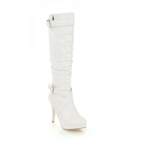 JMdfcqer Damen Langschaft Stiefel Runder Zeh Stöckel Absatz Mit Zipper Plateau Winter Schuhe,Weiß,37 EU von JMdfcqer