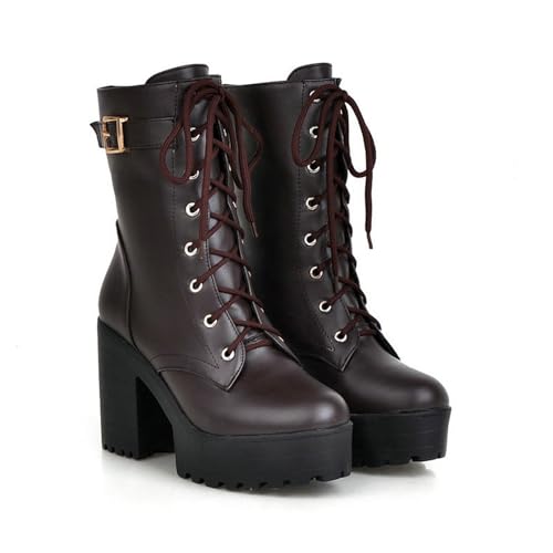 JMdfcqer Damen Mode Plateau Stiefel Blockabsatz Schnürstiefeletten Mit Schnalle,Braun,38 EU von JMdfcqer