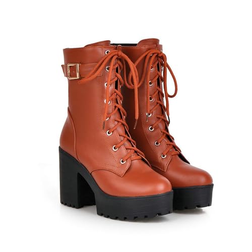 JMdfcqer Damen Mode Plateau Stiefel Blockabsatz Schnürstiefeletten Mit Schnalle,Gelb,40 EU von JMdfcqer