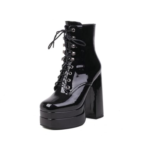 JMdfcqer Damen Mode Plateau Stiefel Quadratische Zeh Blockabsatz Klassische Wasserdicht Schnürstiefel Reitstiefel,Schwarz,38 EU von JMdfcqer