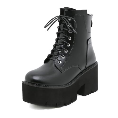 JMdfcqer Damen Mode Stiefel Gothic Plateau Blockabsatz Schnürstiefeletten Wasserdicht Motorradstiefel mit Reißverschluss,Schwarz,39 EU von JMdfcqer