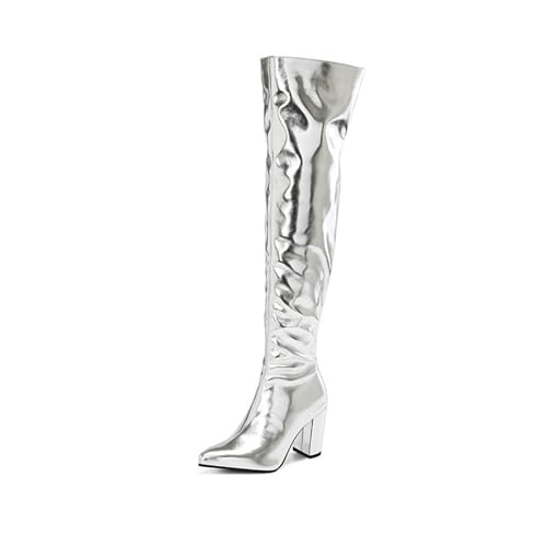 JMdfcqer Damen Overknee Stiefel Spitze Zehen Absatzschuhe Klassische Lange Schlauchstiefel Mit Reißverschluss,Silber,43 EU von JMdfcqer