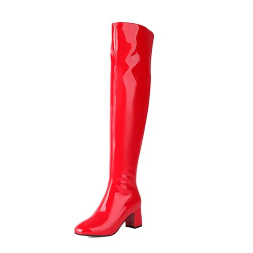 JMdfcqer Damen Overknee Stiefel mit Blockabsatz Mode Wasserdicht Lackstiefel Langschaft Stiefel mit Reißverschluss,Rot,37 EU von JMdfcqer