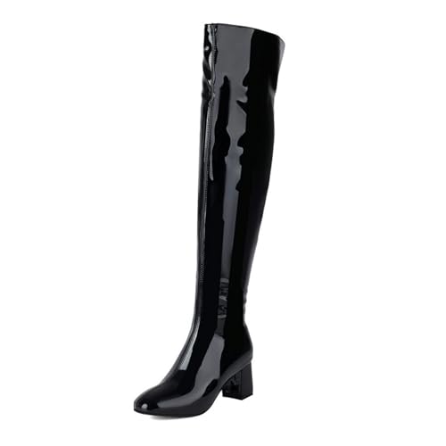 JMdfcqer Damen Overknee Stiefel mit Blockabsatz Mode Wasserdicht Lackstiefel Langschaft Stiefel mit Reißverschluss,Schwarz,47 EU von JMdfcqer