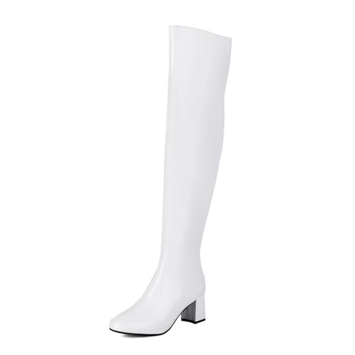 JMdfcqer Damen Overknee Stiefel mit Blockabsatz Mode Wasserdicht Lackstiefel Langschaft Stiefel mit Reißverschluss,Weiß,34 EU von JMdfcqer