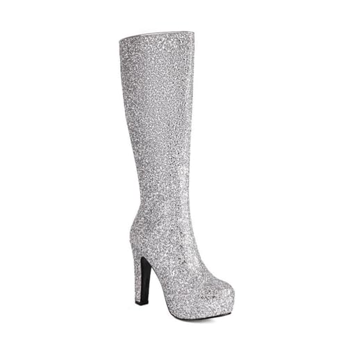 JMdfcqer Damen Plateau Kniehohe Stiefel Glitzer Spitzschuh Absatzschuhe Klassische Lange Schlauchstiefel Mit Reißverschluss,Silber,36 EU von JMdfcqer