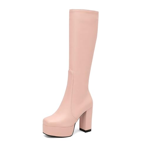 JMdfcqer Damen Plateau Kniehohe Stiefel Quadratische Zehe Stiefel mit Blockabsatz Hohe Langschaft Stiefel Kleid Schuhe,Rosa,38 EU von JMdfcqer