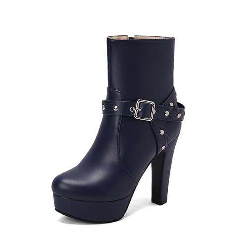 JMdfcqer Damen Plateau Stiefel Blockabsatz Mode Reißverschluss Anzugstiefel Mit Schnalle Und Nieten,Blau,48 EU von JMdfcqer