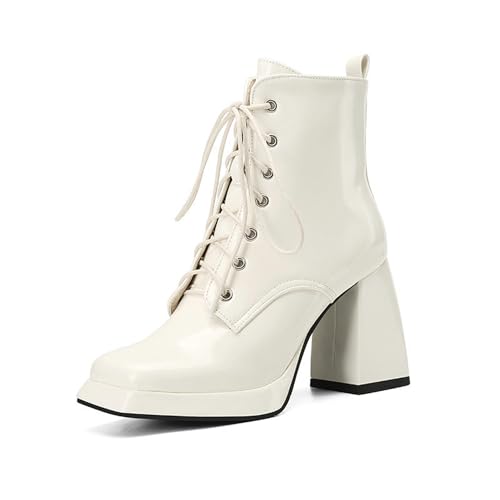 JMdfcqer Damen Plateau Stiefeletten Blockabsatz Quadratische Zeh Leicht Gefüttert Schnürstiefeletten,Weiß,41 EU JMdfcqer Damen Plateau Stiefeletten Blockabsatz Quadratische Zeh Leicht Gefüttert Schnürstiefeletten,Weiß,41 EU von JMdfcqer