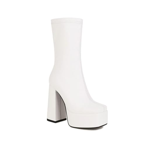 JMdfcqer Damen Plateau Stiefeletten Blockabsatz Reißverschluss Halblange Stiefel,Weiß,43 EU von JMdfcqer