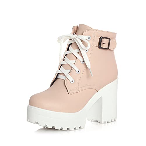 JMdfcqer Damen Plateau Stiefeletten Klassisch Runder Zeh Leicht Gefüttert Schnürstiefeletten Mit Blockabsatz,Rosa,36 EU von JMdfcqer
