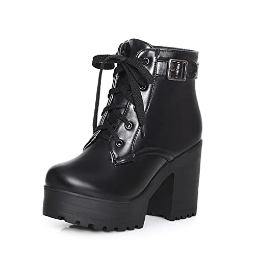 JMdfcqer Damen Plateau Stiefeletten Klassisch Runder Zeh Leicht Gefüttert Schnürstiefeletten Mit Blockabsatz,Schwarz,40 EU von JMdfcqer