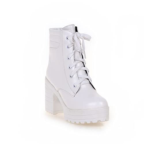 JMdfcqer Damen Plateau Stiefeletten Klassisch Runder Zeh Leicht Gefüttert Schnürstiefeletten Mit Blockabsatz,Weiß,34 EU von JMdfcqer