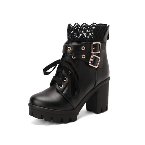 JMdfcqer Damen Plateau Stiefeletten Runder Zeh Blockabsatz Leicht Gefüttert Schnürstiefeletten Mit Schnalle,Schwarz,38 EU von JMdfcqer