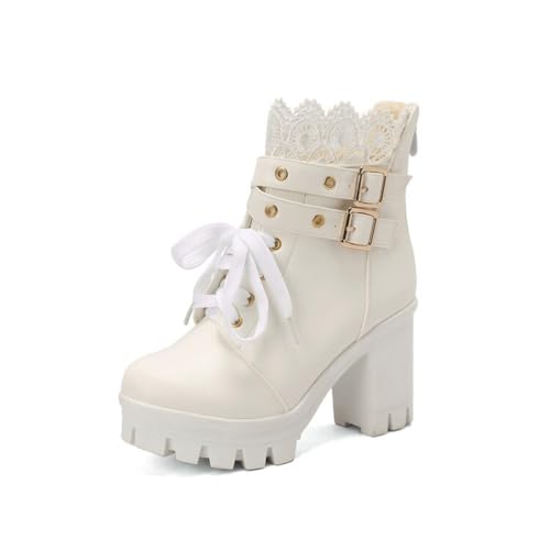 JMdfcqer Damen Plateau Stiefeletten Runder Zeh Blockabsatz Leicht Gefüttert Schnürstiefeletten Mit Schnalle,Weiß,38 EU von JMdfcqer