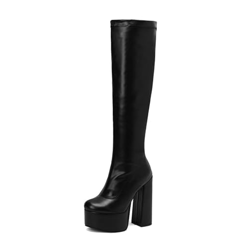 JMdfcqer Damen Plattform Kniehohe Stiefel Runder Zehen Reißverschluss Höhen Blockabsatz Langschaft Stiefel,Schwarz,36 EU von JMdfcqer