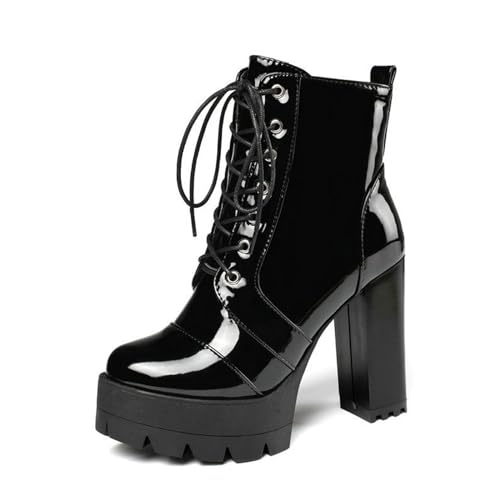 JMdfcqer Damen Plattform Schnürstiefeletten Klassische Lackleder Wasserdicht Stiefel Mit Reißverschluss,Schwarz,39 EU von JMdfcqer