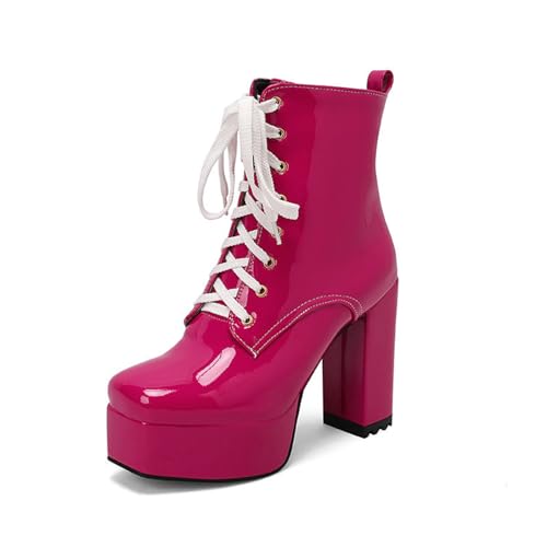 JMdfcqer Damen Plattform Schnürstiefeletten Klassische Reißverschluss Lackleder Wasserdicht Stiefel mit Kette,Fuchsia,34 EU von JMdfcqer