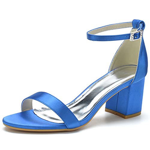 JMdfcqer Damen Sandaletten Knöchelriemen Offener Zeh Sommerschuhe mit Blockabsatz Hochzeit Brautjungfernschuhe,Blau,40 EU von JMdfcqer