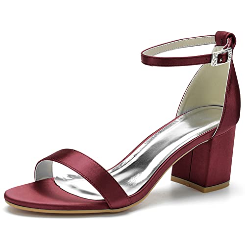 JMdfcqer Damen Sandaletten Knöchelriemen Offener Zeh Sommerschuhe mit Blockabsatz Hochzeit Brautjungfernschuhe,Burgundy,35 EU von JMdfcqer