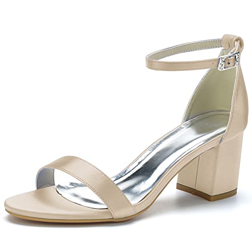 JMdfcqer Damen Sandaletten Knöchelriemen Offener Zeh Sommerschuhe mit Blockabsatz Hochzeit Brautjungfernschuhe,Champagne,38 EU von JMdfcqer