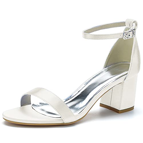 JMdfcqer Damen Sandaletten Knöchelriemen Offener Zeh Sommerschuhe mit Blockabsatz Hochzeit Brautjungfernschuhe,Elfenbein,42 EU von JMdfcqer