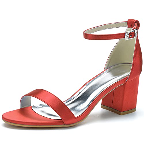 JMdfcqer Damen Sandaletten Knöchelriemen Offener Zeh Sommerschuhe mit Blockabsatz Hochzeit Brautjungfernschuhe,Rot,35 EU von JMdfcqer