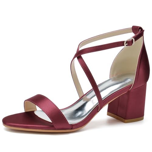 JMdfcqer Damen Sandaletten mit Kreuz Riemchen und Blockabsatz Sommerschuhe für Hochzeit Abschlussfeier,Burgundy,37 EU von JMdfcqer