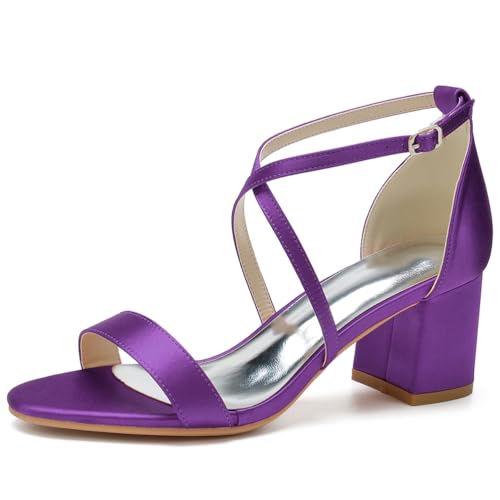 JMdfcqer Damen Sandaletten mit Kreuz Riemchen und Blockabsatz Sommerschuhe für Hochzeit Abschlussfeier,Dark Purple,42 EU von JMdfcqer