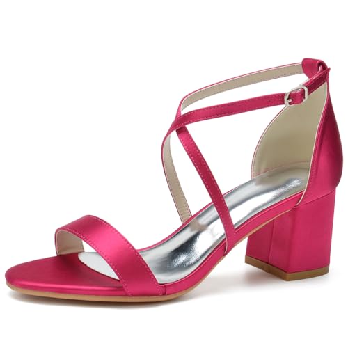 JMdfcqer Damen Sandaletten mit Kreuz Riemchen und Blockabsatz Sommerschuhe für Hochzeit Abschlussfeier,Fuchsia,42 EU von JMdfcqer