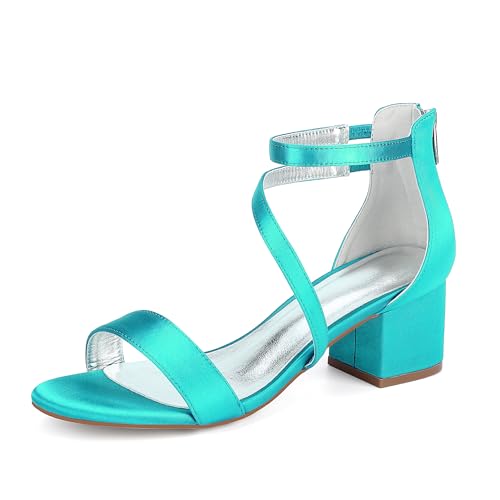 JMdfcqer Damen Sandaletten mit Riemchen Blockabsatz Offener Zehen Knöchelriemen Reißverschluss Absatzschuhe Sommerschuhe,Cyan,37 EU von JMdfcqer