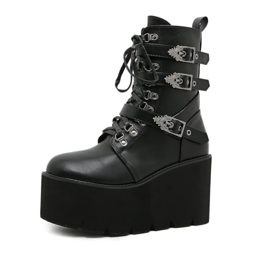 JMdfcqer Damen Schwarz Plateau Stiefeletten mit Reißverschluss Bequem Keilabsatz Gothic Punk Motorrad Kampfstiefel mit Schnalle,Schwarz,42 EU JMdfcqer Damen Schwarz Plateau Stiefeletten mit Reißverschluss Bequem Keilabsatz Gothic Punk Motorrad Kampfstiefel mit Schnalle,Schwarz,42 EU von JMdfcqer