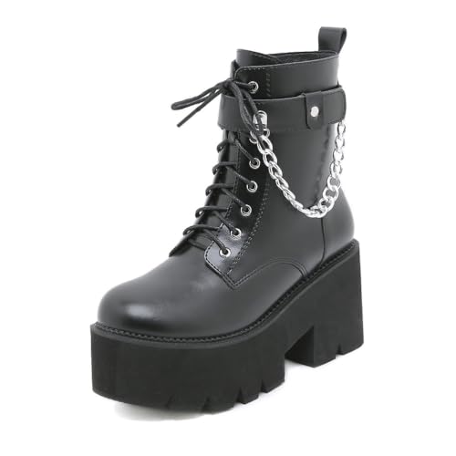 JMdfcqer Damen Schwarz Plateau Stiefeletten mit Schnallen Runder Zeh Reißverschluss Motorrad Kampfstiefel mit Kette,Schwarz,39 EU von JMdfcqer