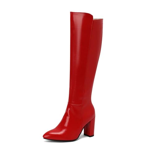 JMdfcqer Damen Spitze Zehen Kniehohe Stiefel Warm Gefüttert Höhen Blockabsatz Langschaft Stiefel mit Reißverschluss,Rot,44 EU von JMdfcqer