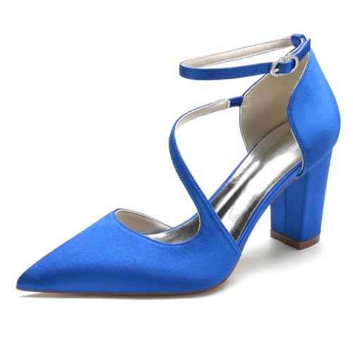 JMdfcqer Damen Spitze Zehen Knöchelriemen Stämmiger Absatz Pumpen Satin Hochzeit Brautjungfernschuhe,Blau,38 EU von JMdfcqer