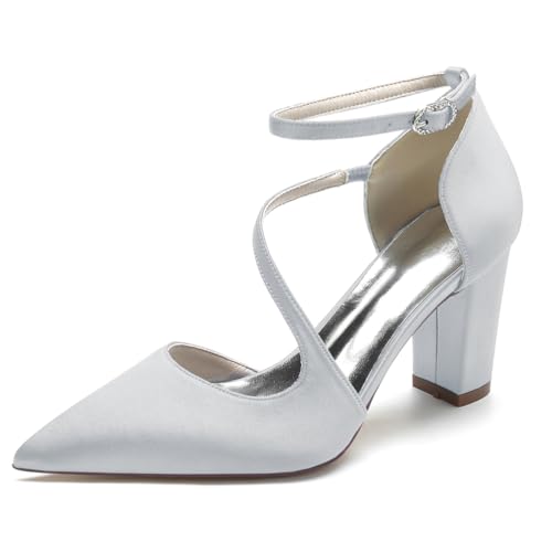 JMdfcqer Damen Spitze Zehen Knöchelriemen Stämmiger Absatz Pumpen Satin Hochzeit Brautjungfernschuhe,Silber,39 EU von JMdfcqer