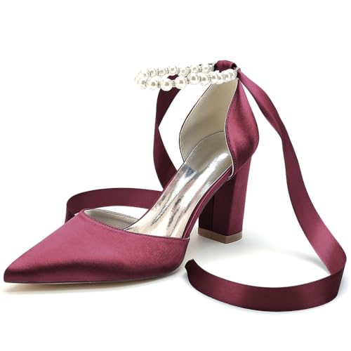 JMdfcqer Damen Spitzschuh Absatzschuhe 8.5cm Blockabsatz Perle Band Krawatte Bequem Hochzeit Brautschuhe,Burgundy,41 EU von JMdfcqer