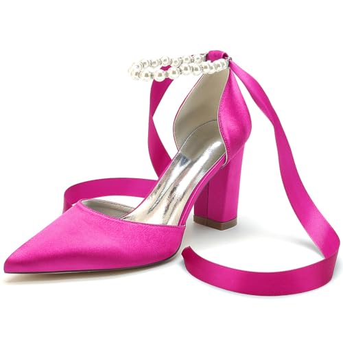 JMdfcqer Damen Spitzschuh Absatzschuhe 8.5cm Blockabsatz Perle Band Krawatte Bequem Hochzeit Brautschuhe,Fuchsia,39 EU von JMdfcqer