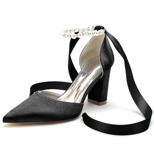 JMdfcqer Damen Spitzschuh Absatzschuhe 8.5cm Blockabsatz Perle Band Krawatte Bequem Hochzeit Brautschuhe,Schwarz,40 EU von JMdfcqer